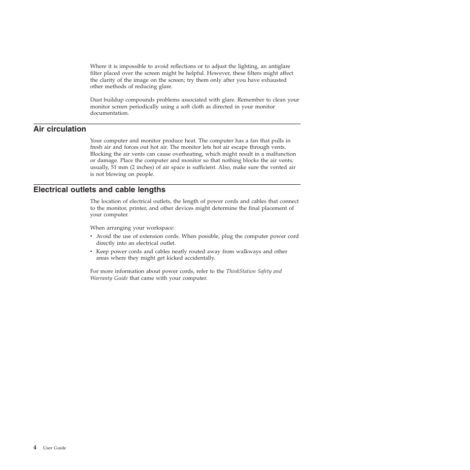 Air circulation, Electrical outlets and cable lengths | Lenovo THINKSTATION 4155 User Manual | Page 12 / 74