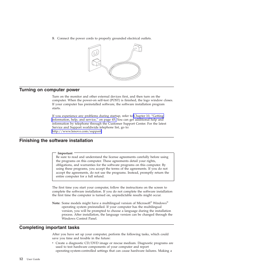 Turning on computer power, Finishing the software installation, Completing important tasks | Lenovo THINKSTATION 4155 User Manual | Page 20 / 74