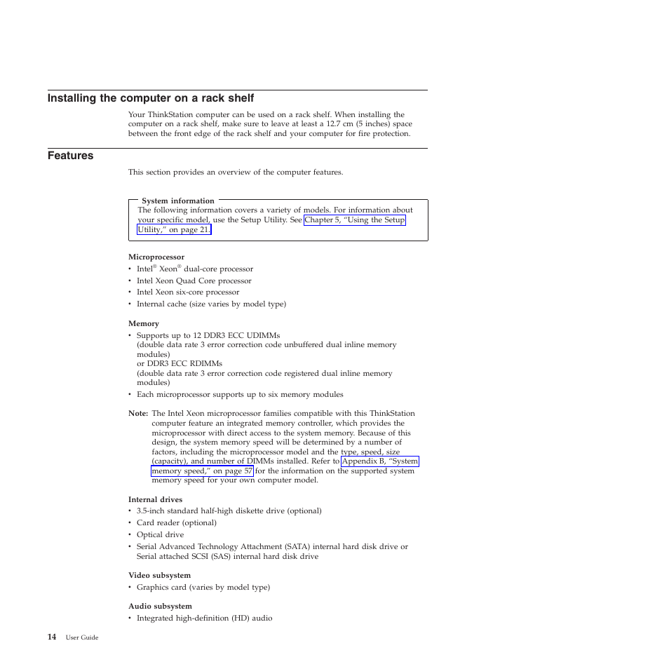 Installing the computer on a rack shelf, Features | Lenovo THINKSTATION 4155 User Manual | Page 22 / 74