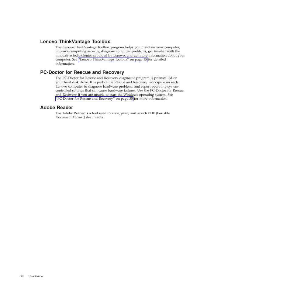 Lenovo thinkvantage toolbox, Pc-doctor for rescue and recovery, Adobe reader | Lenovo THINKSTATION 4155 User Manual | Page 28 / 74