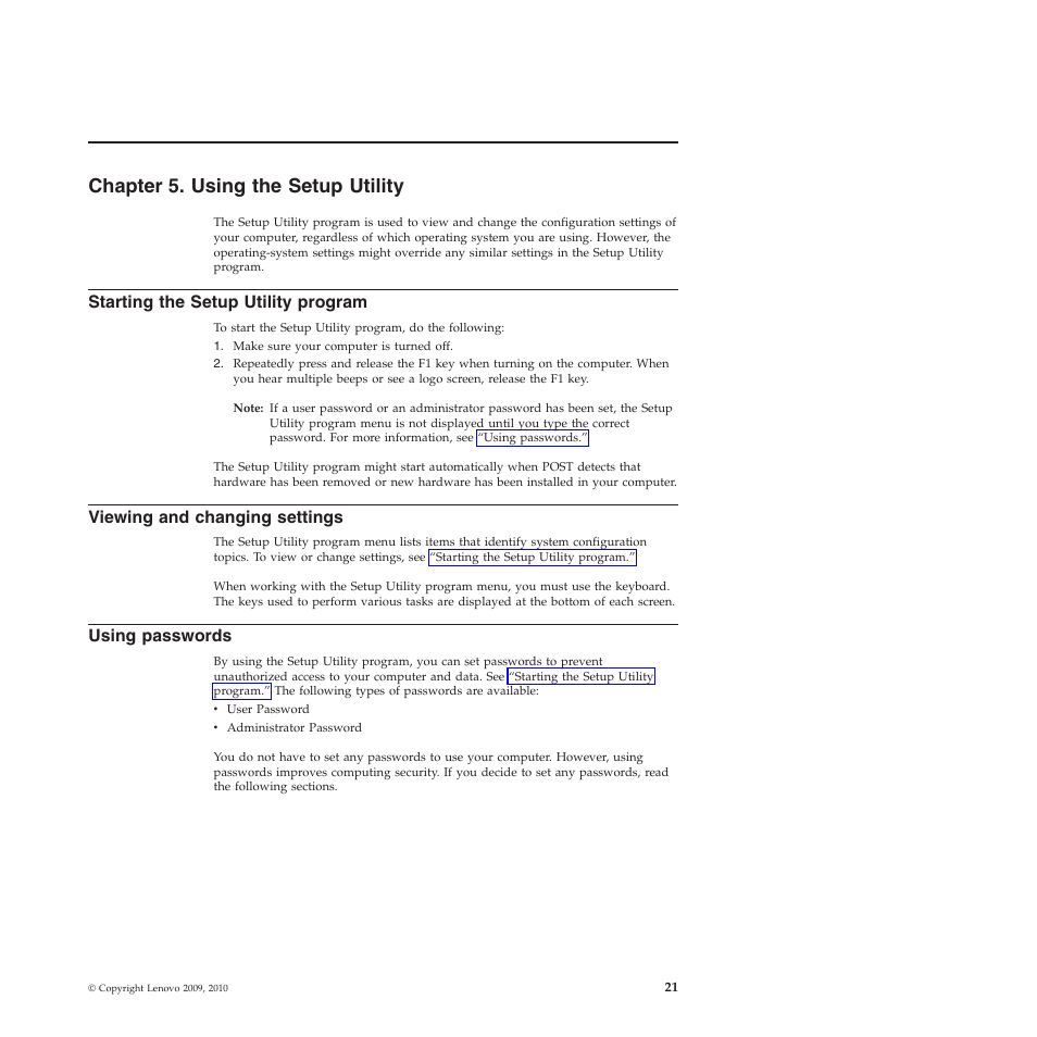 Chapter 5. using the setup utility, Starting the setup utility program, Viewing and changing settings | Using passwords | Lenovo THINKSTATION 4155 User Manual | Page 29 / 74