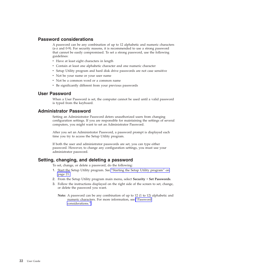 Password considerations, User password, Administrator password | Setting, changing, and deleting a password | Lenovo THINKSTATION 4155 User Manual | Page 30 / 74