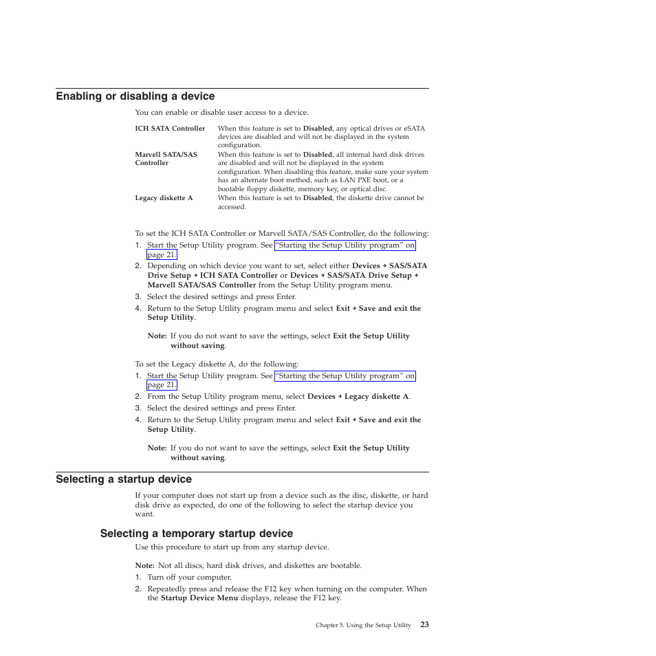 Enabling or disabling a device, Selecting a startup device, Selecting a temporary startup device | Lenovo THINKSTATION 4155 User Manual | Page 31 / 74