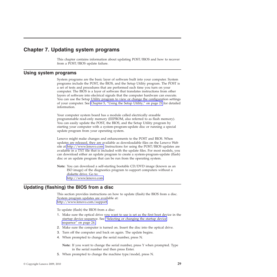 Chapter 7. updating system programs, Using system programs, Updating (flashing) the bios from a disc | Lenovo THINKSTATION 4155 User Manual | Page 37 / 74