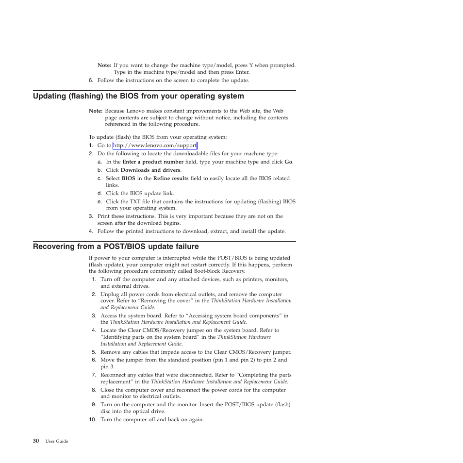Recovering from a post/bios update failure | Lenovo THINKSTATION 4155 User Manual | Page 38 / 74