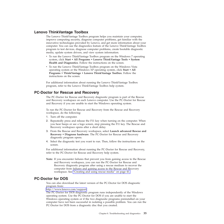 Lenovo thinkvantage toolbox, Pc-doctor for rescue and recovery, Pc-doctor for dos | Lenovo THINKSTATION 4155 User Manual | Page 43 / 74
