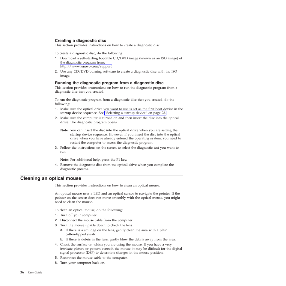 Creating a diagnostic disc, Cleaning an optical mouse | Lenovo THINKSTATION 4155 User Manual | Page 44 / 74