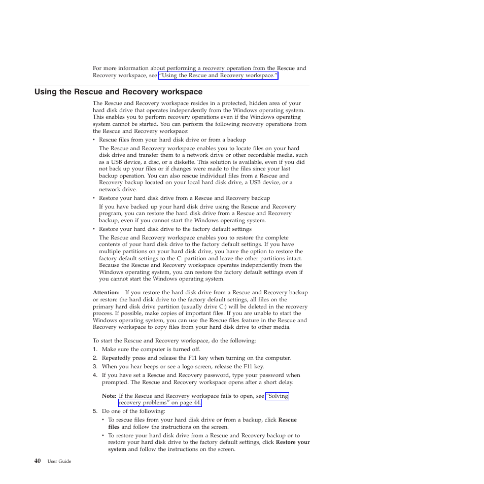 Using the rescue and recovery workspace | Lenovo THINKSTATION 4155 User Manual | Page 48 / 74