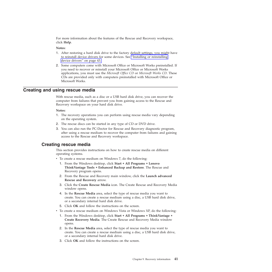 Creating and using rescue media, Creating rescue media | Lenovo THINKSTATION 4155 User Manual | Page 49 / 74