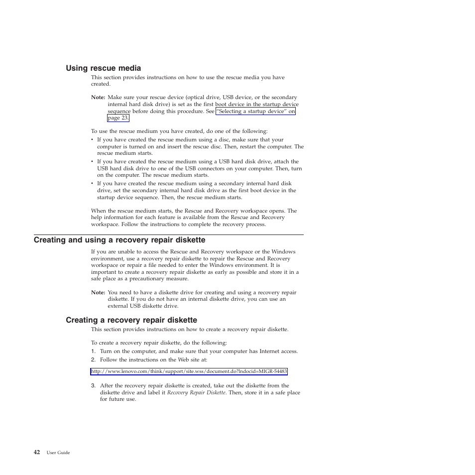 Using rescue media, Creating and using a recovery repair diskette, Creating a recovery repair diskette | Lenovo THINKSTATION 4155 User Manual | Page 50 / 74