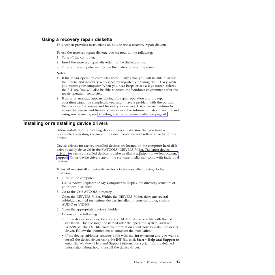 Using a recovery repair diskette, Installing or reinstalling device drivers | Lenovo THINKSTATION 4155 User Manual | Page 51 / 74