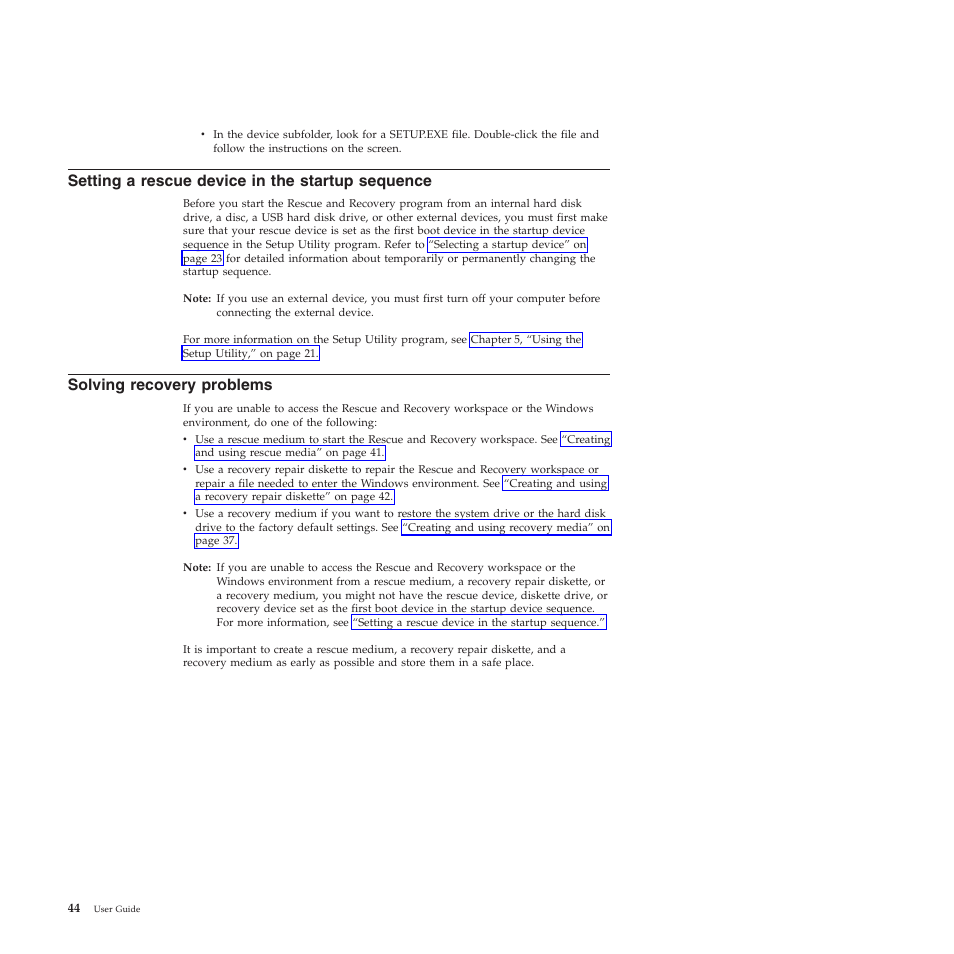 Setting a rescue device in the startup sequence, Solving recovery problems | Lenovo THINKSTATION 4155 User Manual | Page 52 / 74