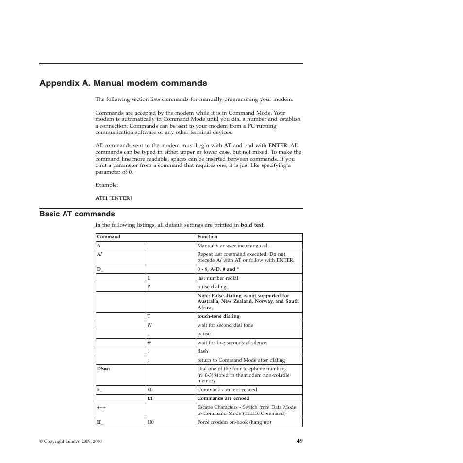 Appendix a. manual modem commands, Basic at commands | Lenovo THINKSTATION 4155 User Manual | Page 57 / 74