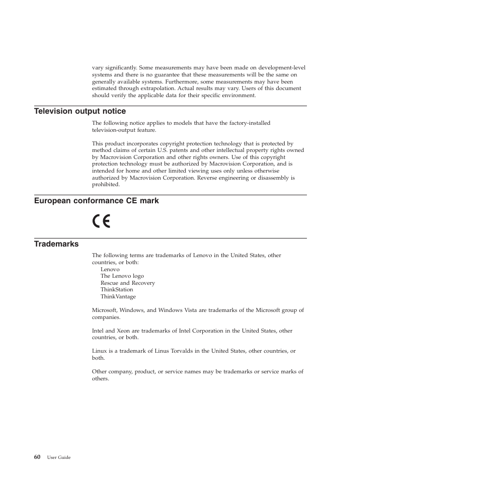 Television output notice, European conformance ce mark, Trademarks | Lenovo THINKSTATION 4155 User Manual | Page 68 / 74