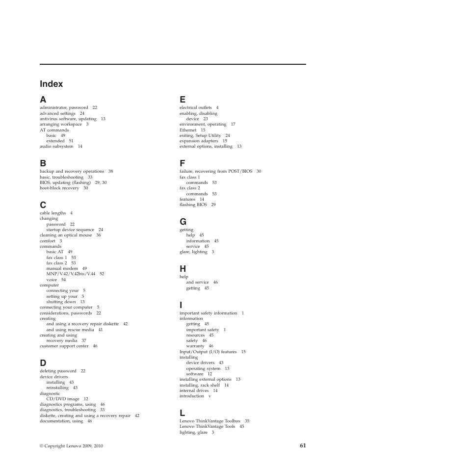 Index, Index a | Lenovo THINKSTATION 4155 User Manual | Page 69 / 74