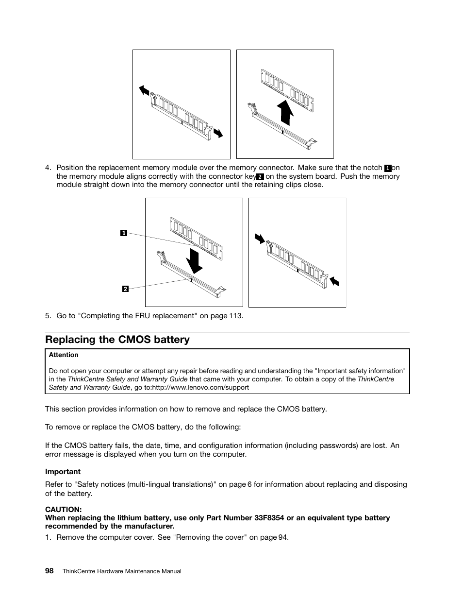 Replacing the cmos battery | Lenovo 9354 User Manual | Page 104 / 480