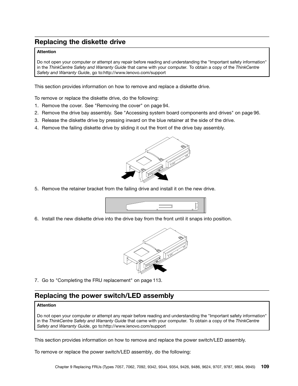 Replacing the diskette drive, Replacing the power switch/led assembly | Lenovo 9354 User Manual | Page 115 / 480