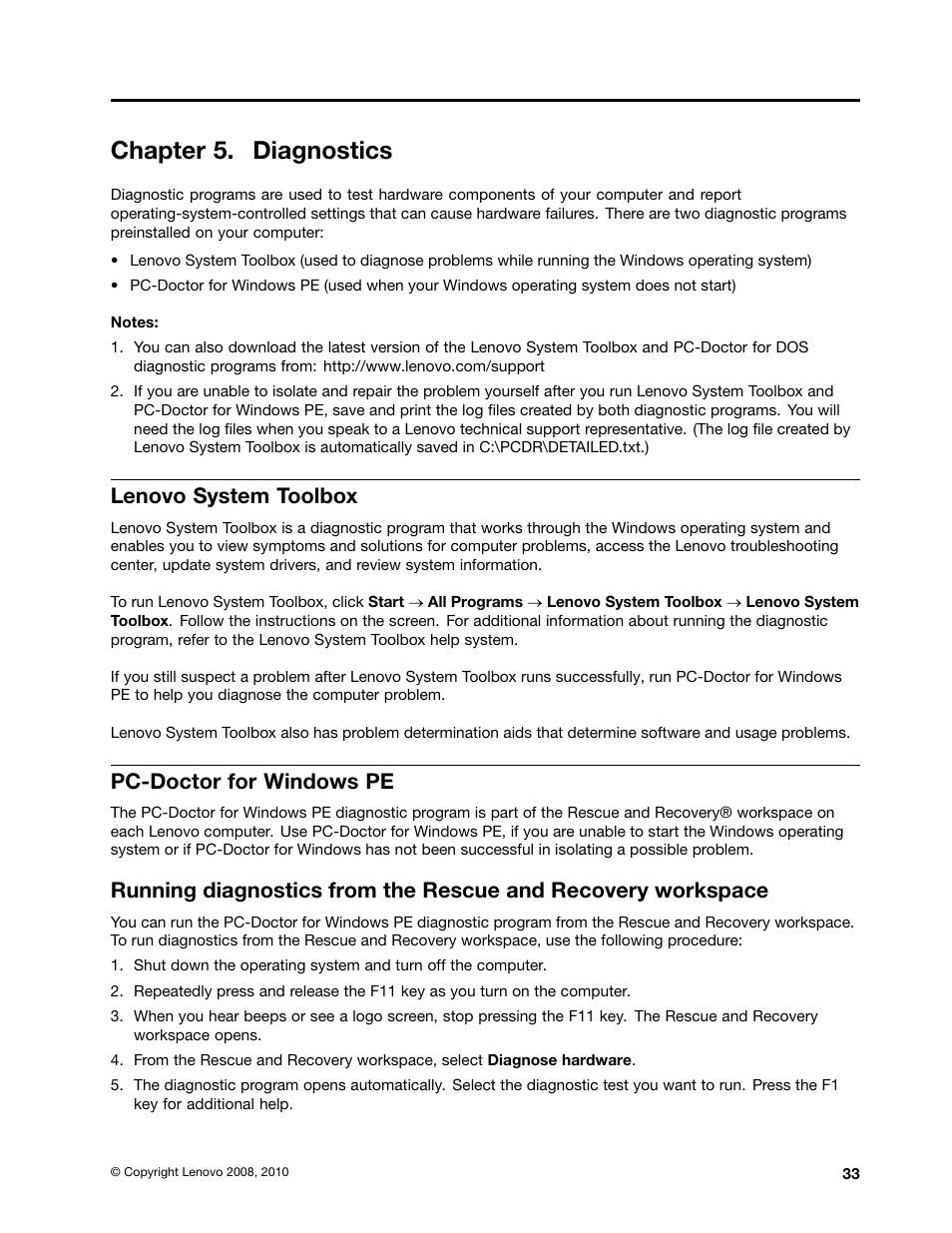 Chapter 5. diagnostics, Lenovo system toolbox, Pc-doctor for windows pe | Lenovo 9354 User Manual | Page 39 / 480