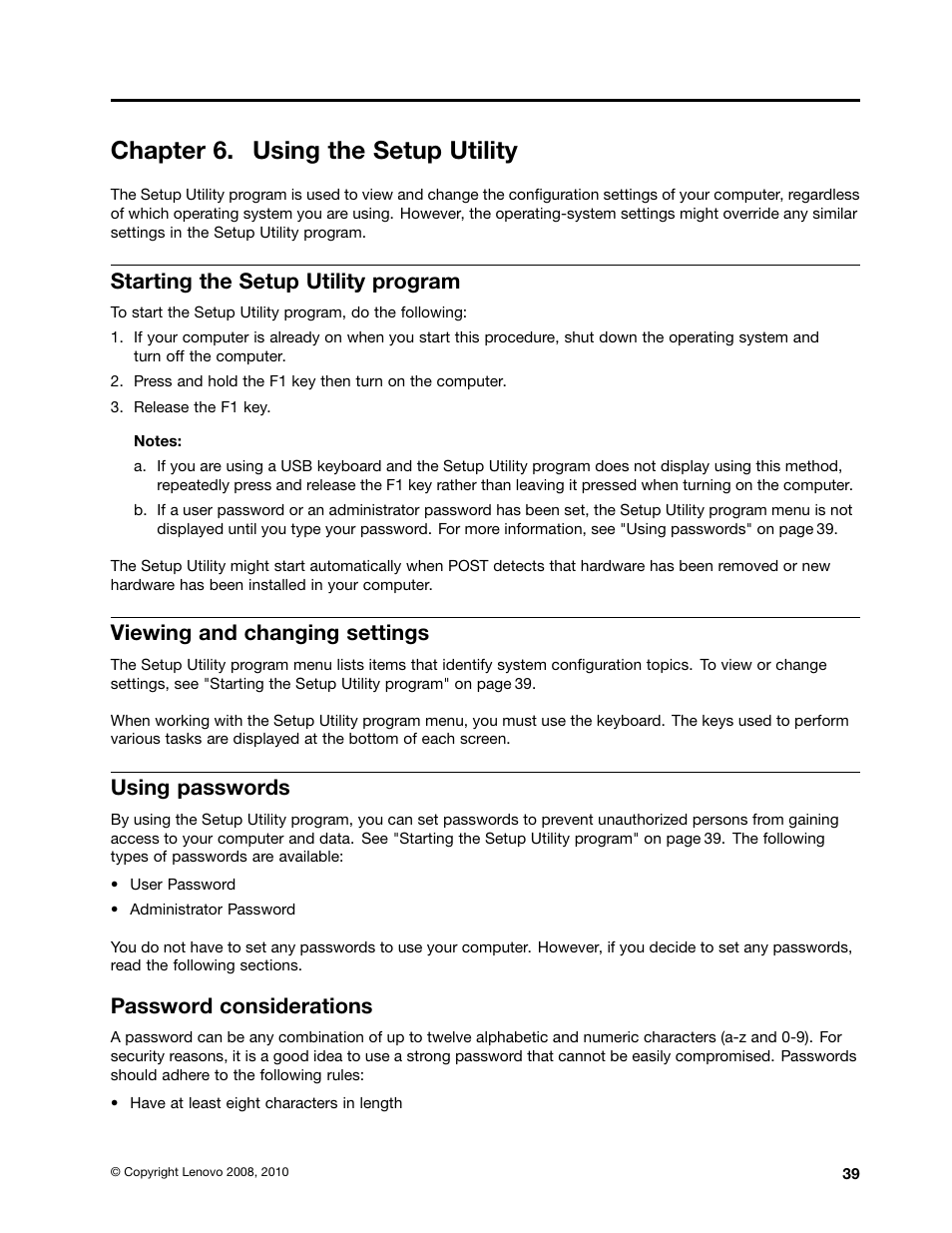 Chapter 6. using the setup utility, Starting the setup utility program, Viewing and changing settings | Using passwords, Password considerations | Lenovo 9354 User Manual | Page 45 / 480