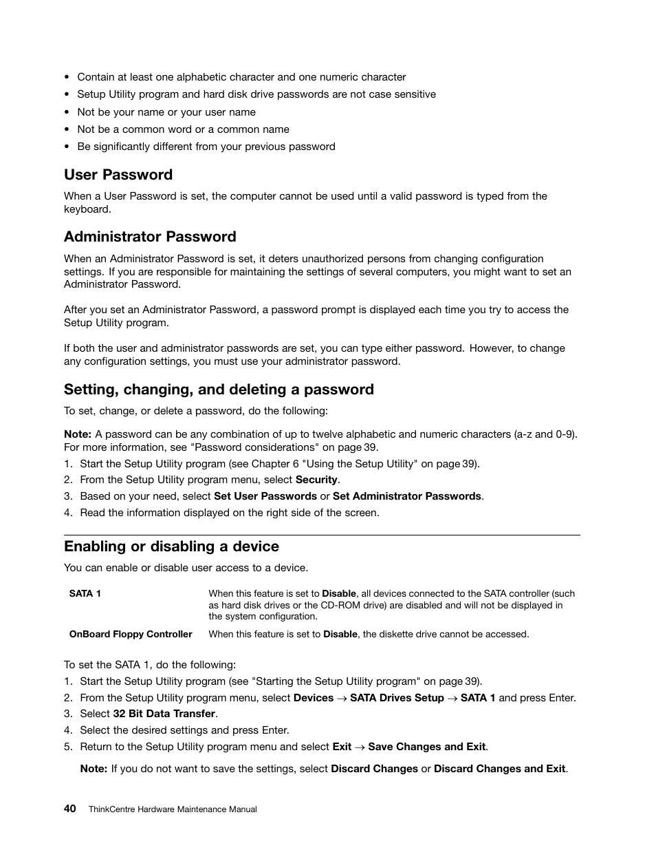 User password, Administrator password, Setting, changing, and deleting a password | Enabling or disabling a device | Lenovo 9354 User Manual | Page 46 / 480