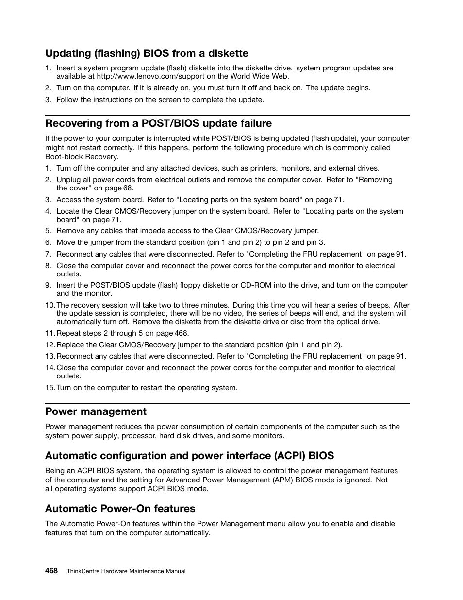 Updating (flashing) bios from a diskette, Recovering from a post/bios update failure, Power management | Automatic power-on features, Recovering from | Lenovo 9354 User Manual | Page 474 / 480