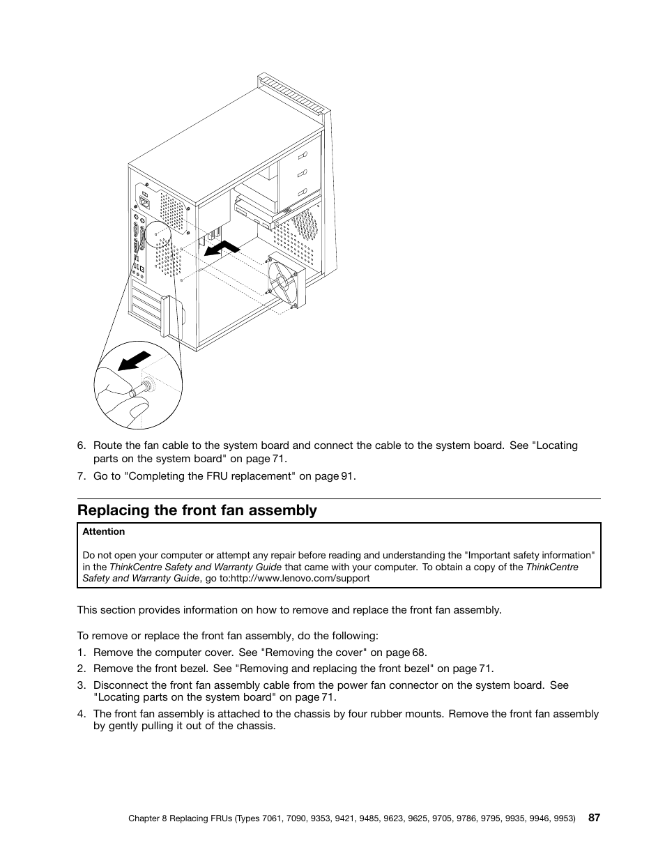 Replacing the front fan assembly | Lenovo 9354 User Manual | Page 93 / 480