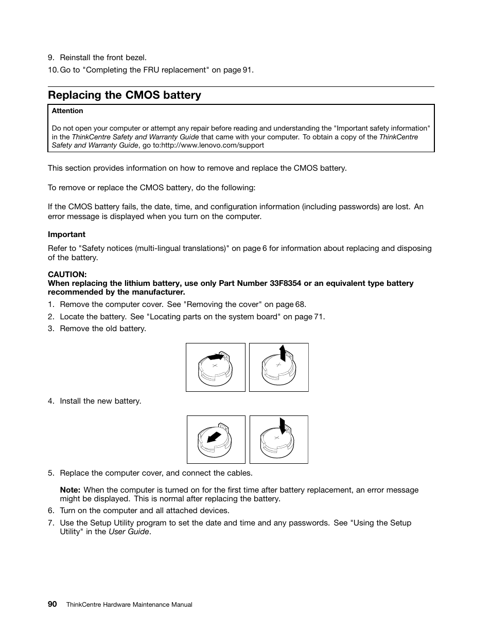 Replacing the cmos battery | Lenovo 9354 User Manual | Page 96 / 480