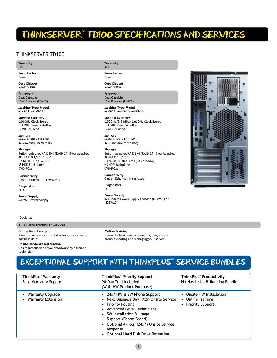 Thinkserver, Td100 specifications and services, Exceptional support with thinkplus | Service bundles, Thinkserver td100 | Lenovo Think 6399-14x User Manual | Page 3 / 4
