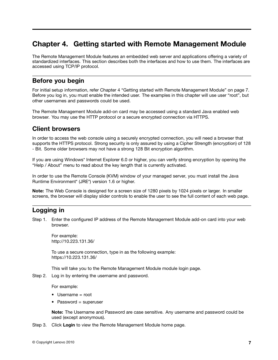 Before you begin, Client browsers, Logging in | Lenovo THINKSERVER TD230 User Manual | Page 13 / 32