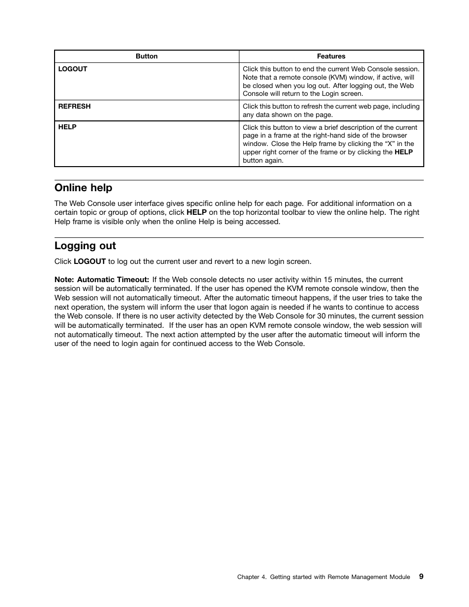 Online help, Logging out | Lenovo THINKSERVER TD230 User Manual | Page 15 / 32