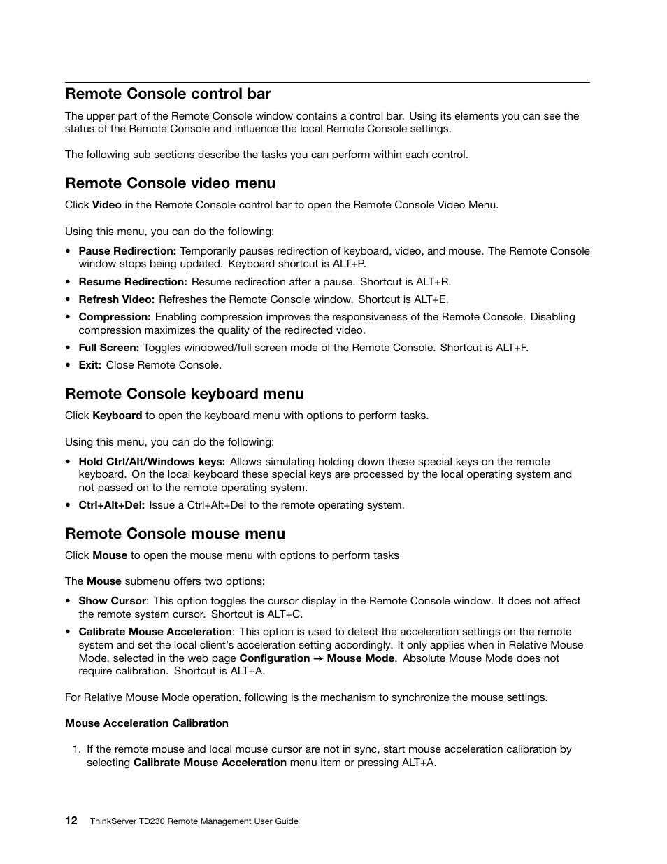 Remote console control bar, Remote console video menu, Remote console keyboard menu | Remote console mouse menu | Lenovo THINKSERVER TD230 User Manual | Page 18 / 32