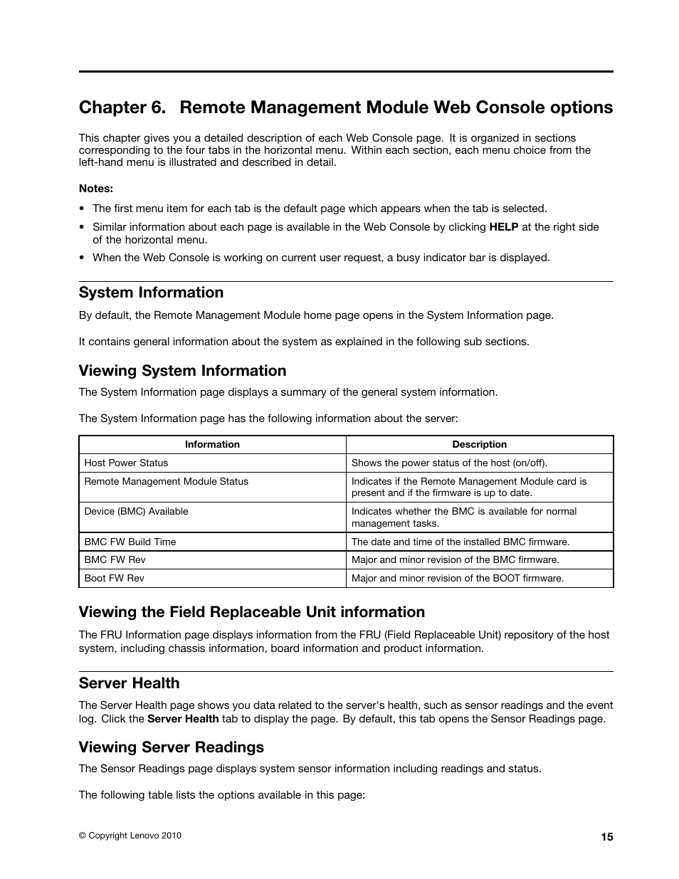 System information, Viewing system information, Viewing the field replaceable unit information | Server health, Viewing server readings | Lenovo THINKSERVER TD230 User Manual | Page 21 / 32