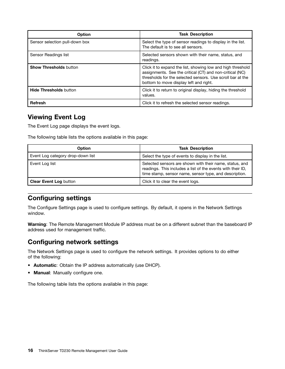 Viewing event log, Configuring settings, Configuring network settings | Lenovo THINKSERVER TD230 User Manual | Page 22 / 32