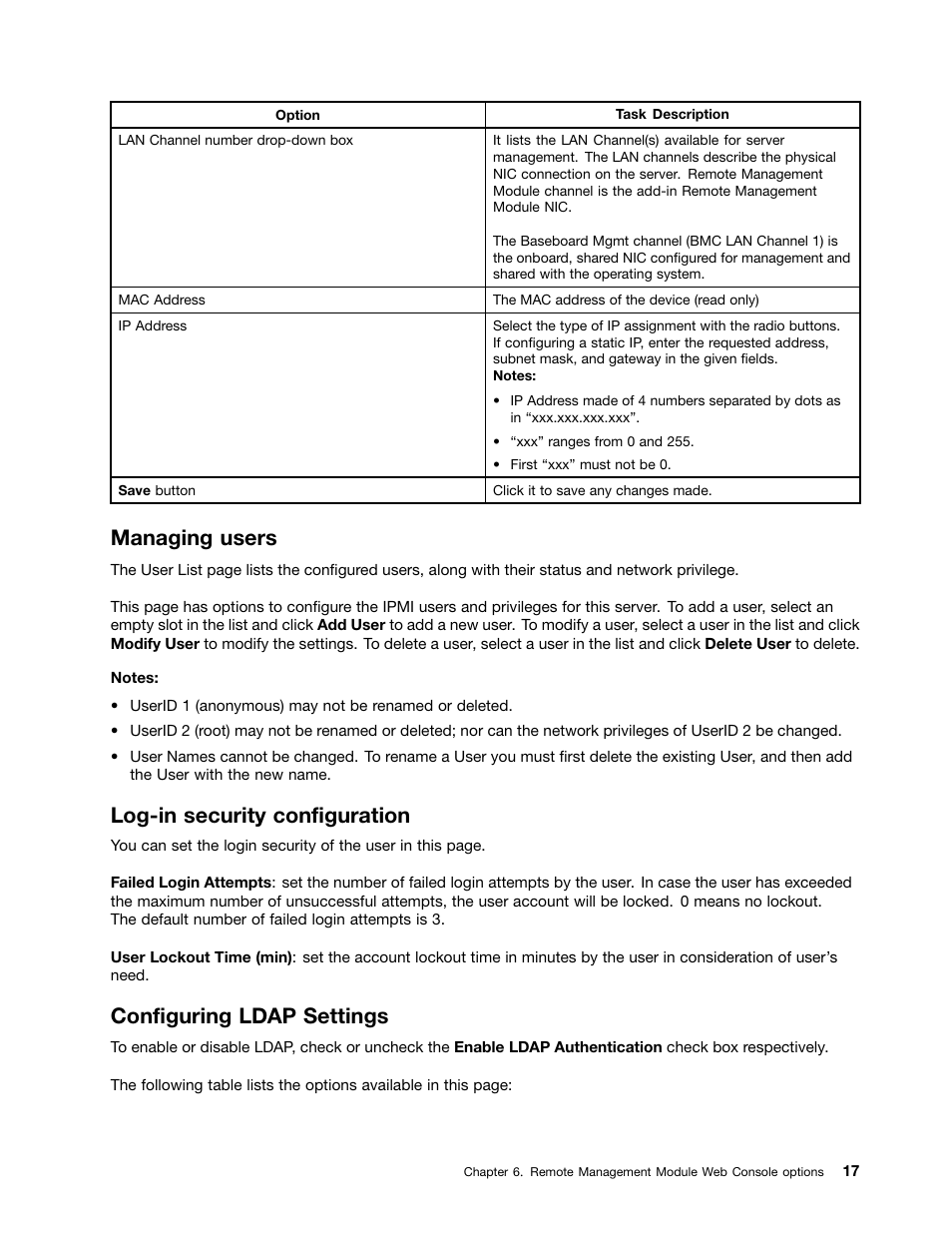 Managing users, Log-in security configuration, Configuring ldap settings | Lenovo THINKSERVER TD230 User Manual | Page 23 / 32