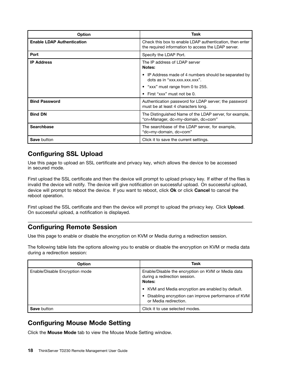 Configuring ssl upload, Configuring remote session, Configuring mouse mode setting | Lenovo THINKSERVER TD230 User Manual | Page 24 / 32