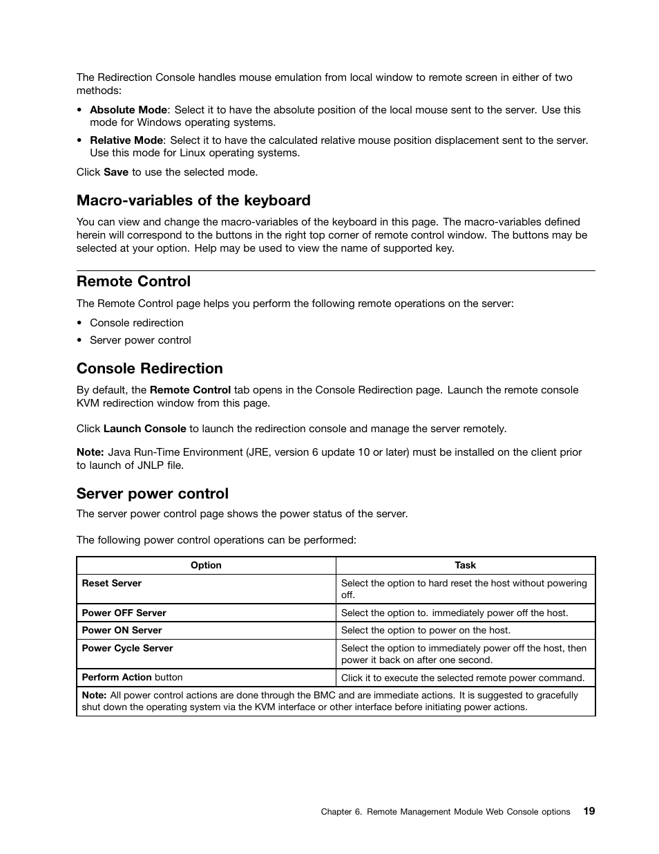 Macro-variables of the keyboard, Remote control, Console redirection | Server power control | Lenovo THINKSERVER TD230 User Manual | Page 25 / 32