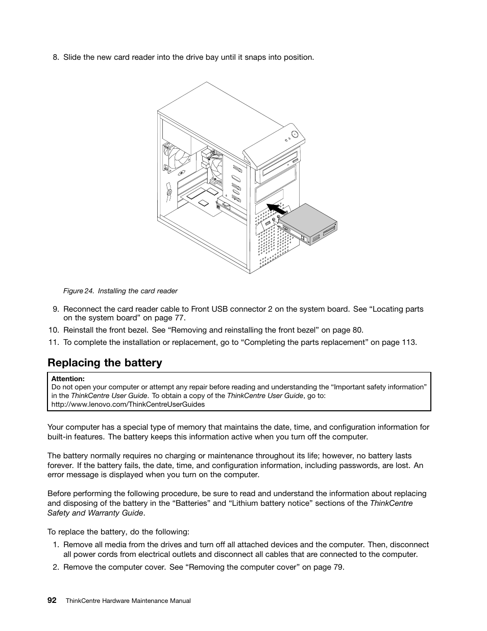 Replacing the battery | Lenovo THINKCENTRE 4485 User Manual | Page 100 / 492