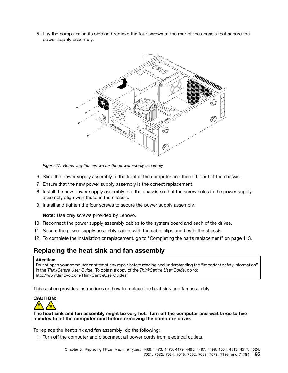 Replacing the heat sink and fan assembly | Lenovo THINKCENTRE 4485 User Manual | Page 103 / 492