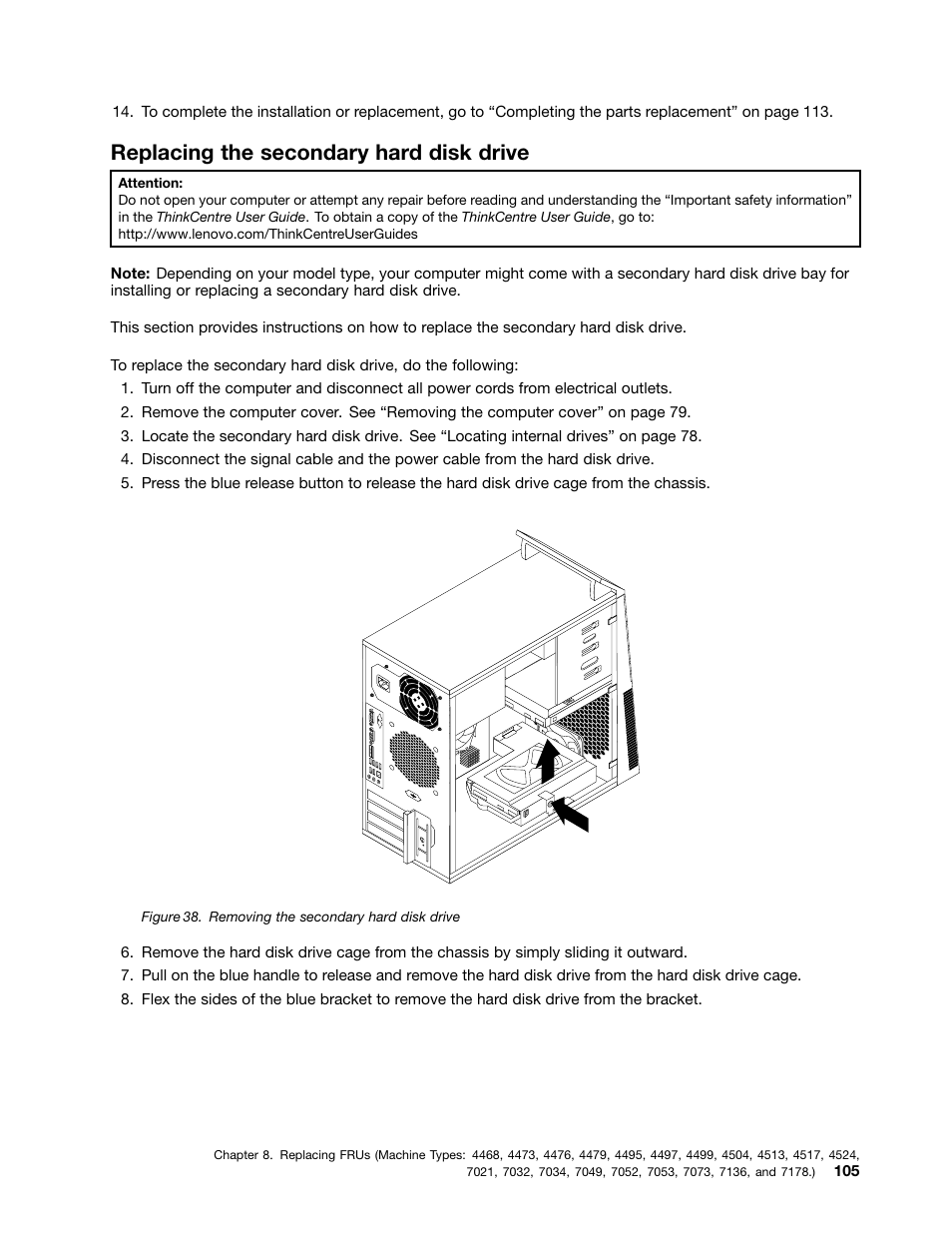 Replacing the secondary hard disk drive, Replacing | Lenovo THINKCENTRE 4485 User Manual | Page 113 / 492