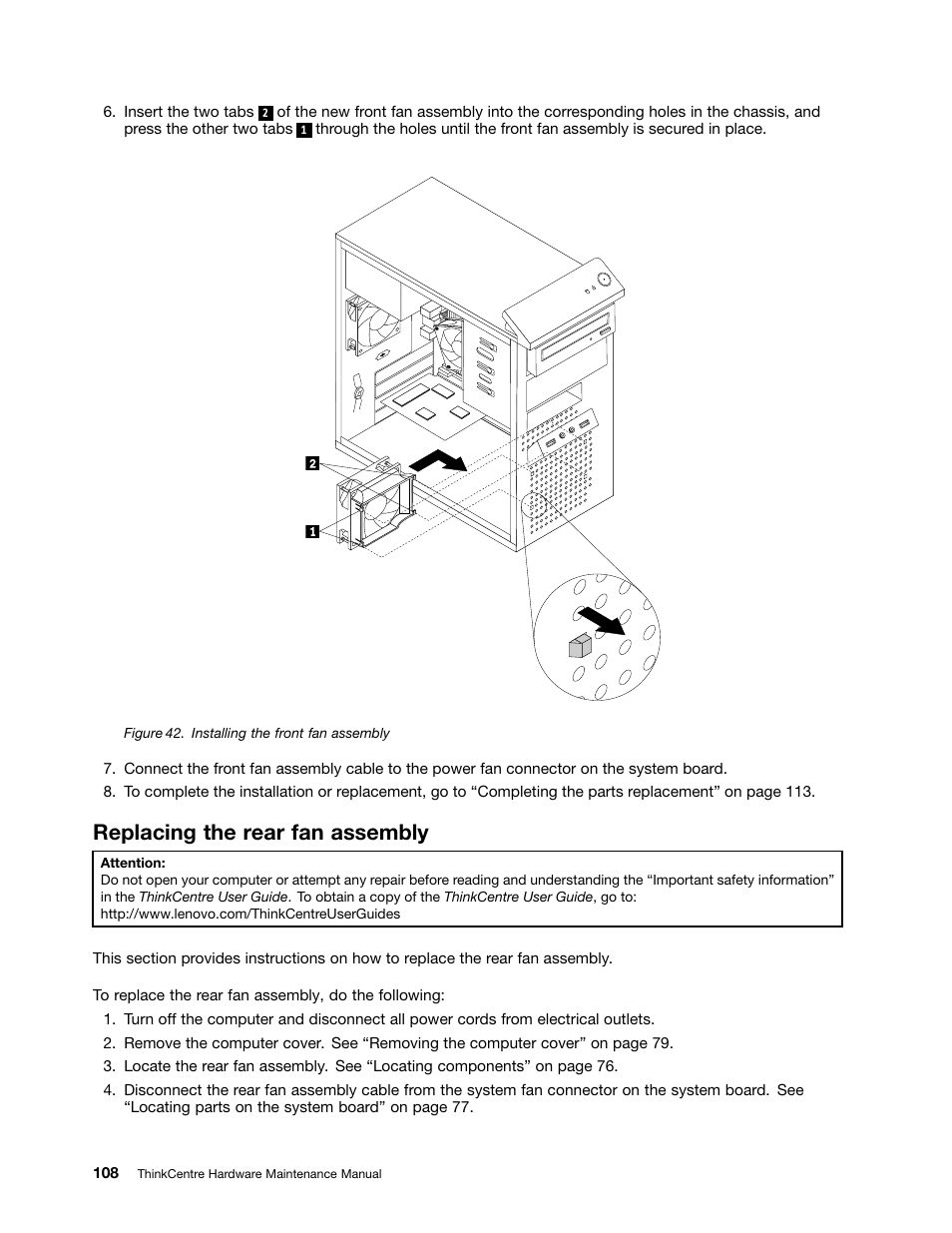 Replacing the rear fan assembly | Lenovo THINKCENTRE 4485 User Manual | Page 116 / 492