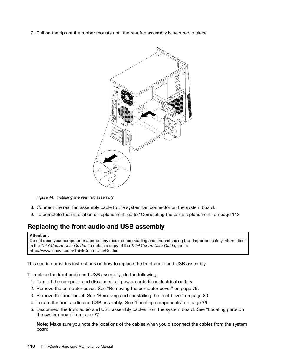 Replacing the front audio and usb assembly | Lenovo THINKCENTRE 4485 User Manual | Page 118 / 492