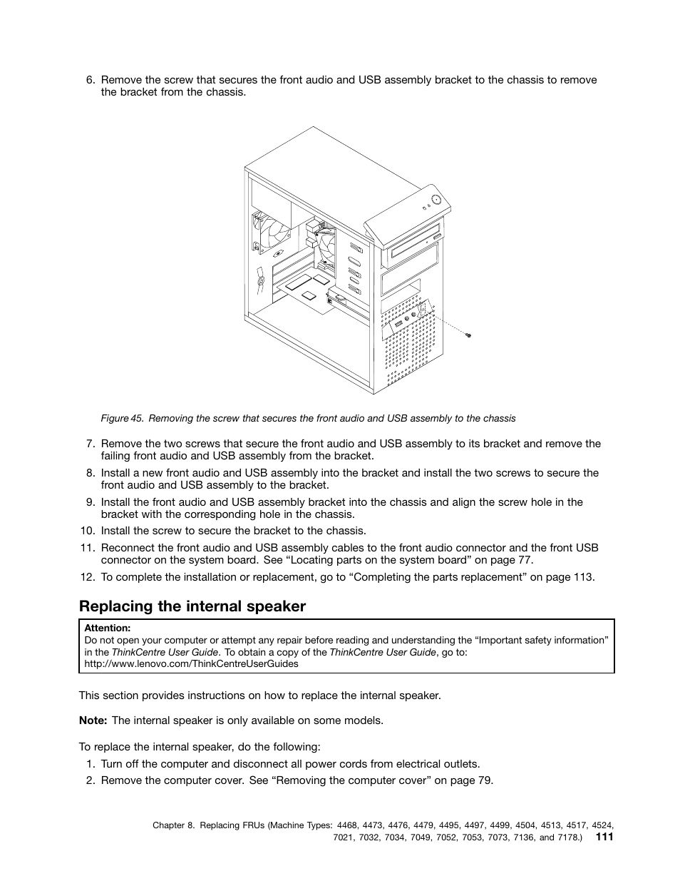 Replacing the internal speaker | Lenovo THINKCENTRE 4485 User Manual | Page 119 / 492