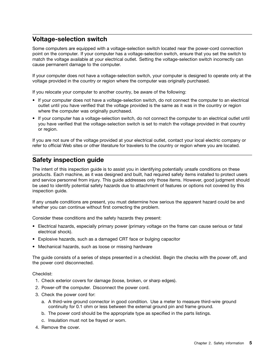 Voltage-selection switch, Safety inspection guide | Lenovo THINKCENTRE 4485 User Manual | Page 13 / 492