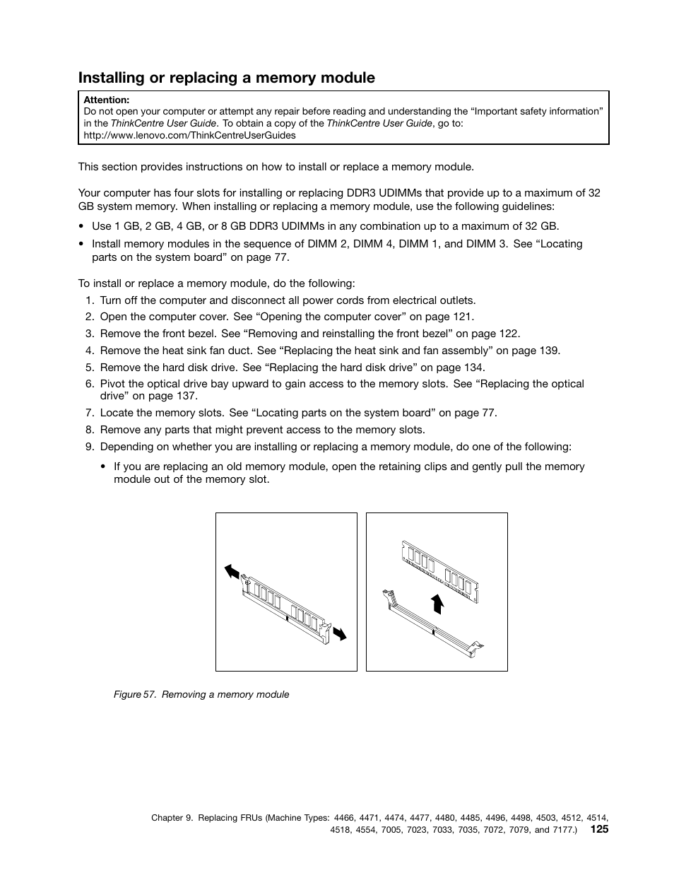 Installing or replacing a memory module | Lenovo THINKCENTRE 4485 User Manual | Page 133 / 492