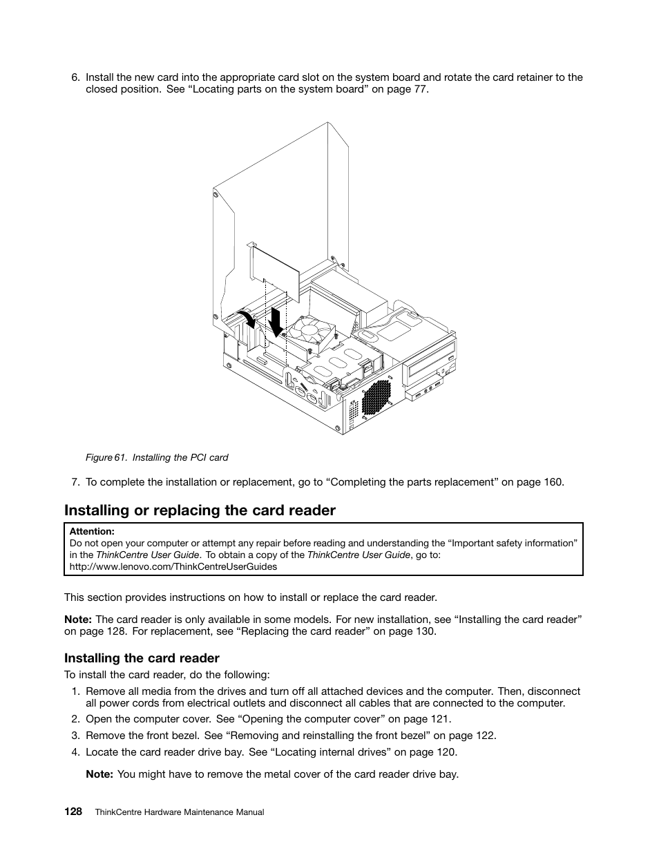 Installing or replacing the card reader | Lenovo THINKCENTRE 4485 User Manual | Page 136 / 492