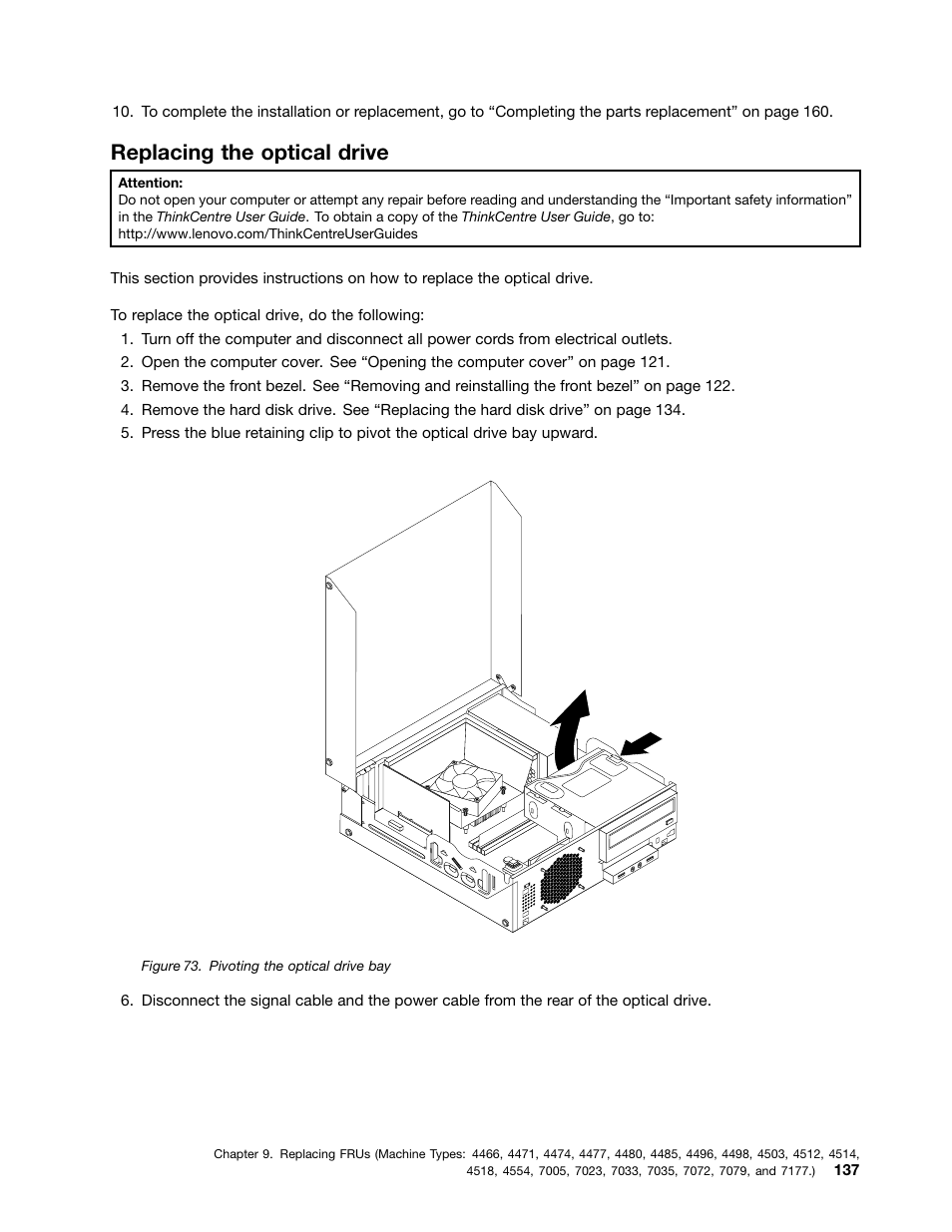 Replacing the optical drive, Replacing the optical | Lenovo THINKCENTRE 4485 User Manual | Page 145 / 492