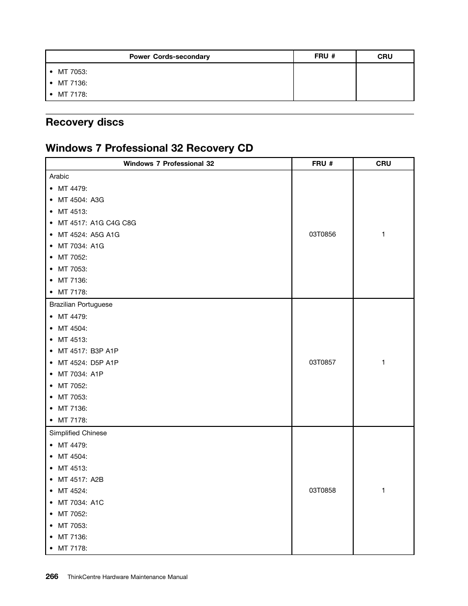 Recovery discs, Windows 7 professional 32 recovery cd | Lenovo THINKCENTRE 4485 User Manual | Page 274 / 492