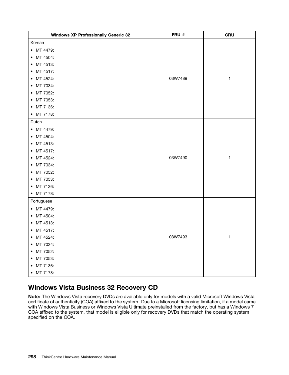 Windows vista business 32 recovery cd | Lenovo THINKCENTRE 4485 User Manual | Page 306 / 492