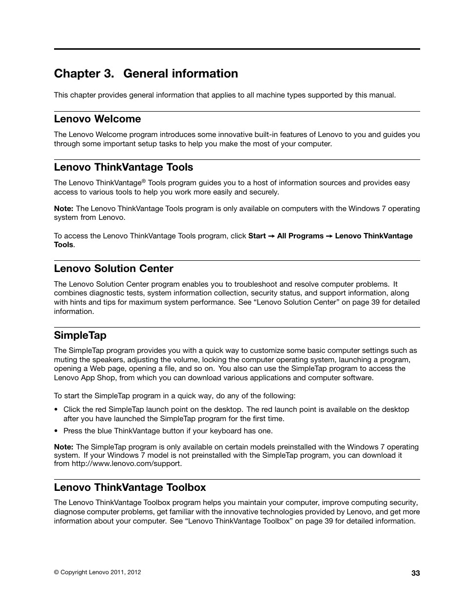 Chapter 3. general information, Lenovo welcome, Lenovo thinkvantage tools | Lenovo solution center, Simpletap, Lenovo thinkvantage toolbox | Lenovo THINKCENTRE 4485 User Manual | Page 41 / 492