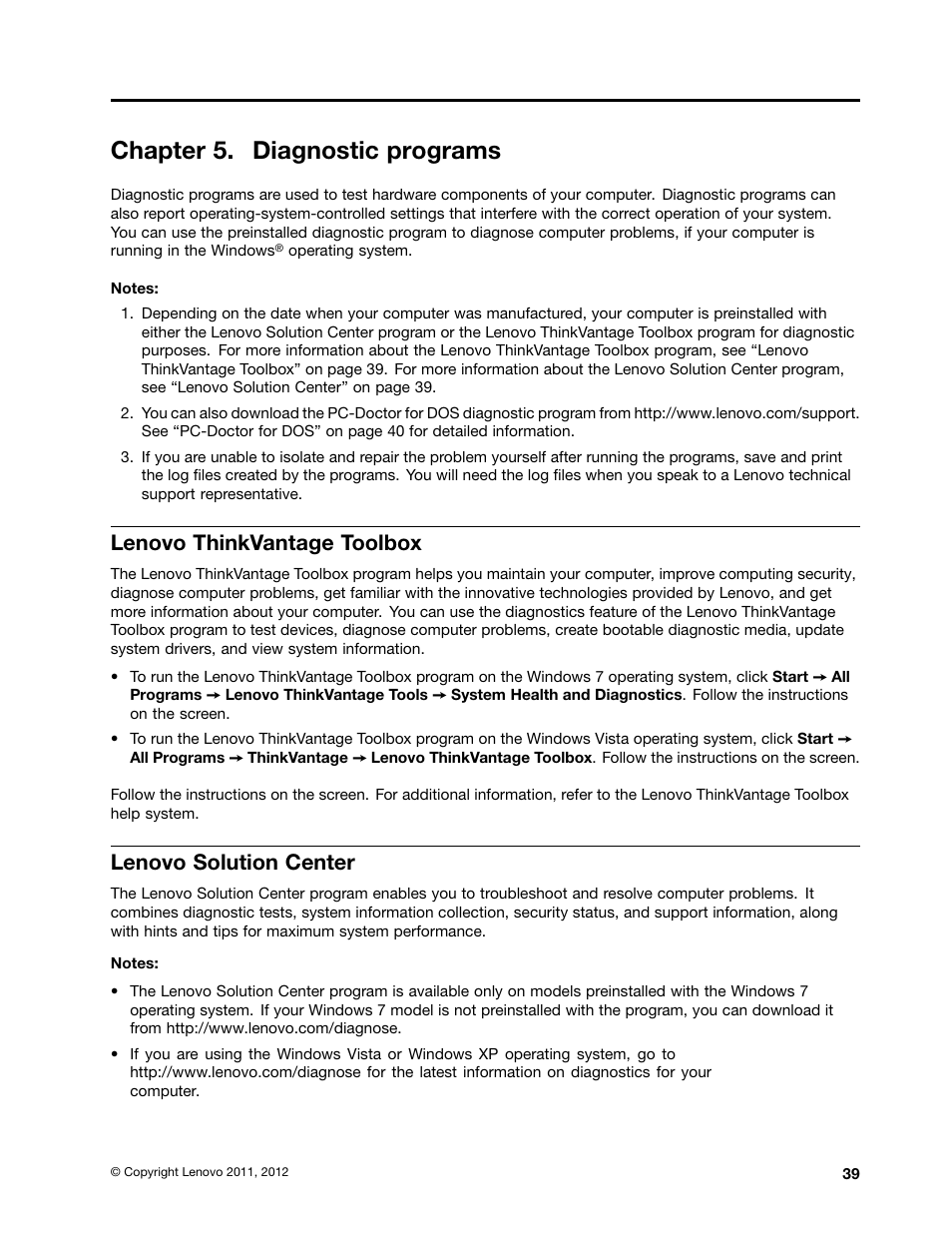 Chapter 5. diagnostic programs, Lenovo thinkvantage toolbox, Lenovo solution center | Lenovo THINKCENTRE 4485 User Manual | Page 47 / 492
